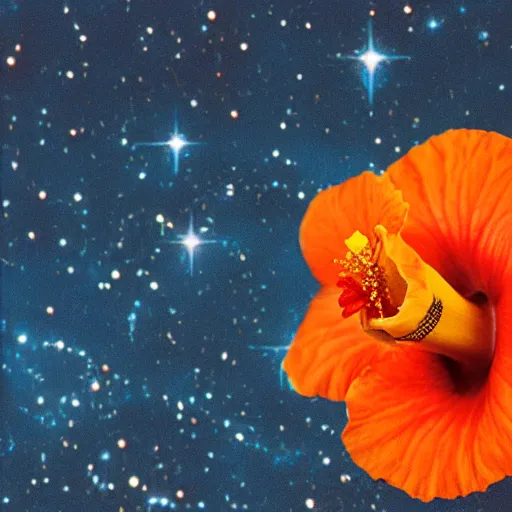 Image similar to a small hibiscus flower with detailed orange pedals, floating in space, wide perspective, hubble photo, olympus xa camera, 3 5 mm film, beautiful, galaxies