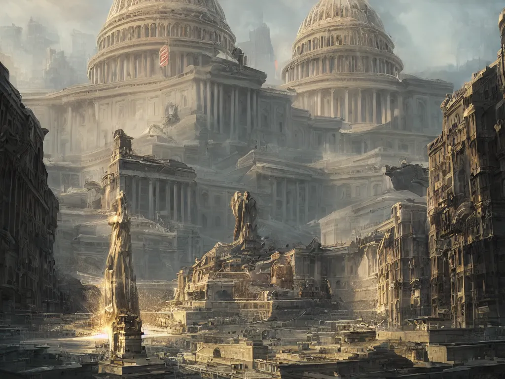 Prompt: matte painting by fan wennan and marc simonetti and jonathan solter. future capitol of the american communist party shining in the sun after the triumph of socialism in america, hyperdetailed, cinematic, photorealistic, hyperrealism, masterpiece, future communist governmental architecture, statue, imposing, strength, abundance, life. america 2 0 9 8