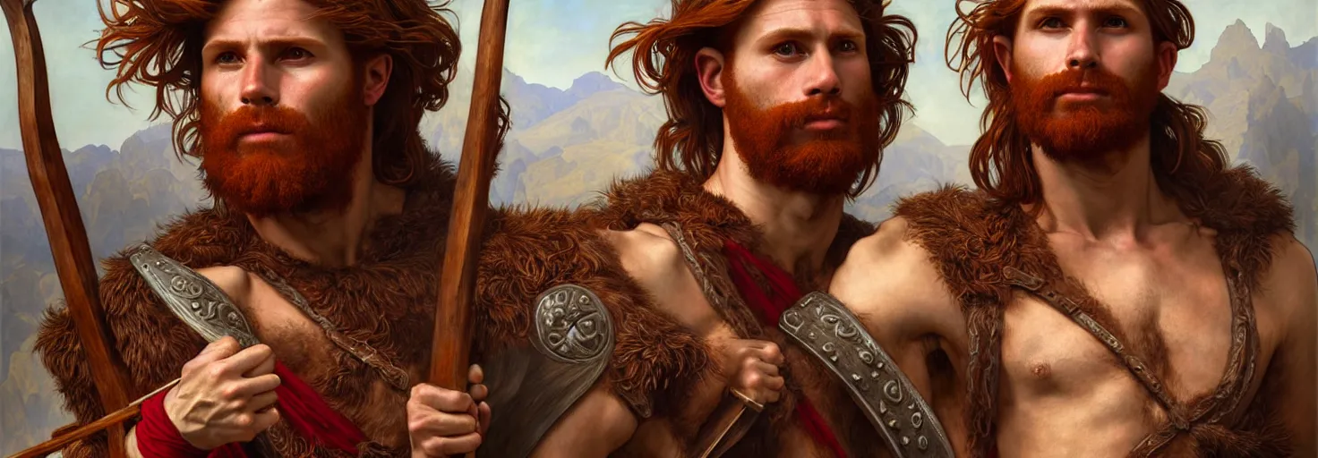 Image similar to renaissance upper body portrait of a gruff ranger with a spear, red haired celtic, lean and toned, handsome face, hairy chest, D&D, intricate, elegant, highly detailed, digital painting, artstation, concept art, matte, sharp focus, illustration, art by da Vinci, Artgerm and Greg Rutkowski and Alphonse Mucha