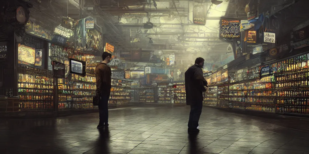 Image similar to a man shopping for beer and diapers, dim volumetric lighting, 8 k octane beautifully detailed render, post - processing, extremely hyper - detailed, intricate, epic composition, calendar says monday, cinematic lighting, masterpiece, trending on artstation, detailed detailed detailed, masterpiece, stunning art, wonderful masterpiece, beautiful cinematic light