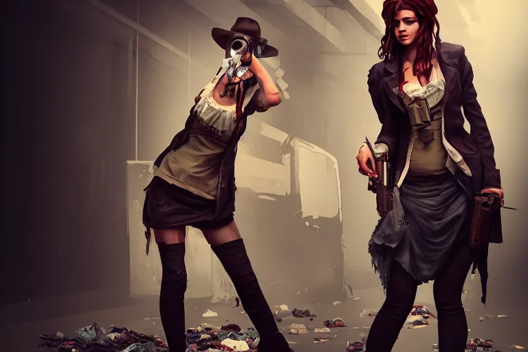 Image similar to girl in trash rags holding a revolver, character concept, valorant style, digital art, many details, super realistic, high quality, 8 k