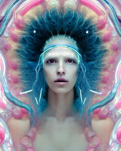 Image similar to natural light, soft focus portrait of a cyberpunk anthropomorphic jellyfish with soft synthetic pink skin, blue bioluminescent plastics, smooth shiny metal, elaborate ornate head piece, piercings, skin textures, by annie leibovitz, paul lehr