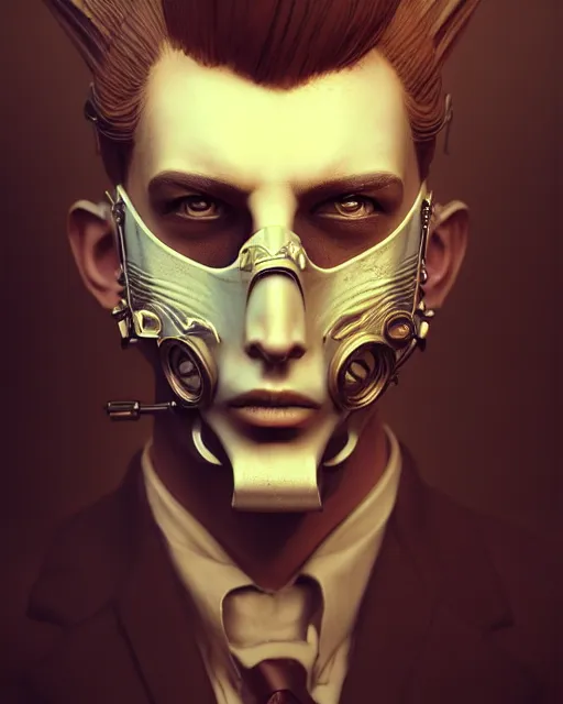 Image similar to male portrait, handsome, steampunk mask, detailed spike hair, intricate detective coat, complex 3 d render by ilya kuvshinov, peter mohrbacher, greg rutkowski, ryohei hase, dramatic lighting, intricate, highly detailed, sharp focus, luminous, unreal engine, blender, deviant art, artstation, masterpiece, ray tracing