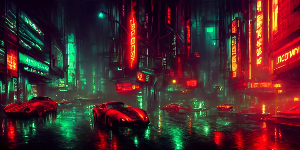 Image similar to concept art, octane render, a brooding, dystopian city, reflections, volumetric neon lighting, dramatic, emerald red neon glow, 8 k, ultra - hd, insanely detailed and intricate, hypermaximalist, elegant, ornate, by gerald brom, by syd mead, akihiko yoshida, doug chiang, cinematic