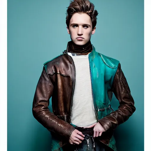 Prompt: an award - winning editorial photo of a male model wearing a teal distressed baggy medieval cropped leather menswear jacket, 4 k, studio lighting