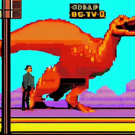 Prompt: beautiful still from retro snes arcade game featuring gene kelly demanding a refund on undercooked overpriced dinosaur steak in downtown dive bar bistro, hyperreal detailed facial features and uv lighting, retro nintendo bitmap pixel art