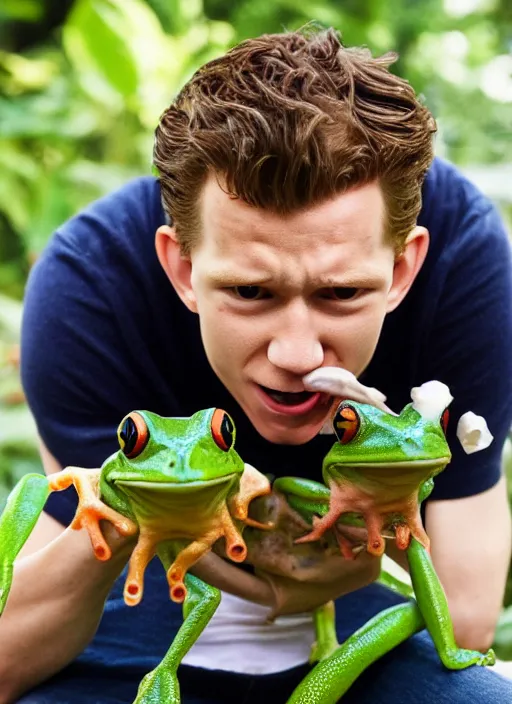 Image similar to a photograph of Tom Holland swallowing a live frog