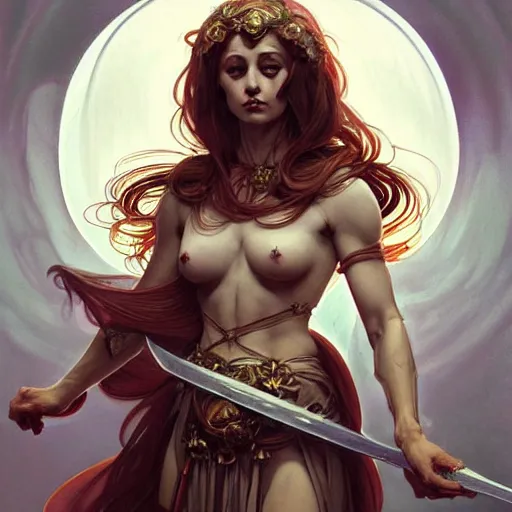 Image similar to a potato eilish as the roman goddess of chaos!! intricate elegant, highly detailed, digital painting, artstation, concept art, smooth, sharp focus, illustration, art by ( ( ( artgerm ) ) ) and greg rutkowski! and ( ( alphonse mucha ) ), heavily influenced by frank frazetta and boris vallejo, sword and sorcery