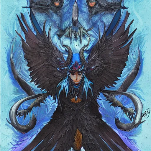 Image similar to raven, jioness, forest, blue flame, moon, art by Bryan Alfaro, award winning concept, highly detailed,