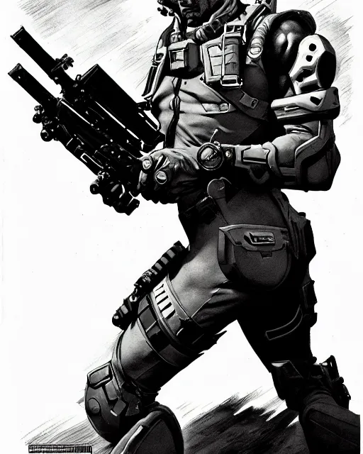 Prompt: soldier 7 6 from overwatch, heavey metal magazine cover, character portrait, portrait, close up, concept art, intricate details, highly detailed, in the style of frank frazetta, esteban maroto, richard corben, pepe moreno, matt howarth, stefano tamburini, tanino liberatore, luis royo and alex ebel