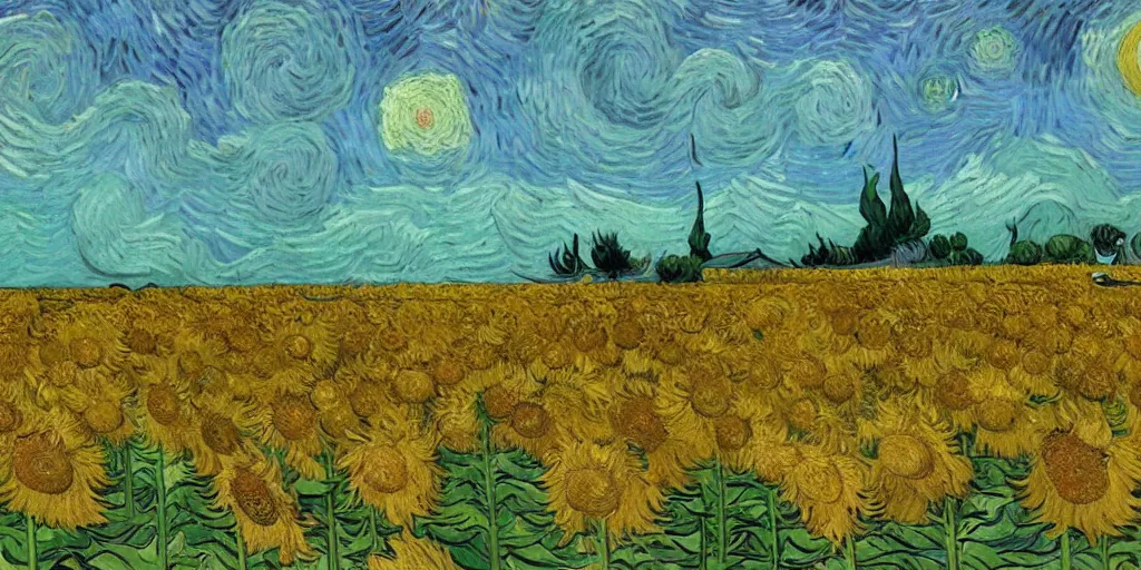 Image similar to an oil painting of van gogh is painting in a sunflower filed, by van gogh