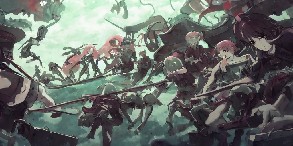 Image similar to soldiers fighting cthulhu monsters ; digital painting, anime art, smooth, sharp focus, rule of thirds, madoka magica, by ghibli