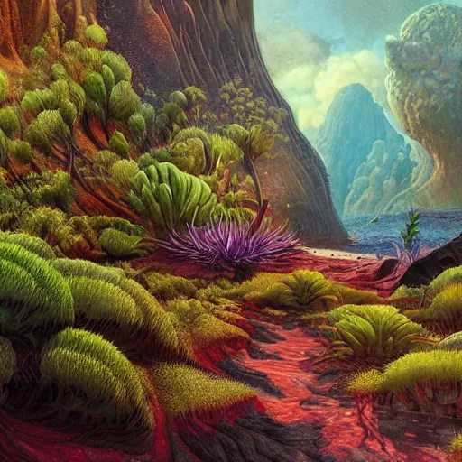 Image similar to digital painting of a lush wet natural scene on an alien planet by gerald brom. digital render. detailed. beautiful landscape. colourful weird vegetation. cliffs.