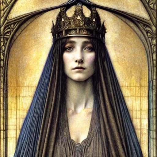 Image similar to detailed realistic beautiful young medieval queen portrait by jean delville, gustave dore and marco mazzoni, art nouveau, symbolist, visionary, gothic, pre - raphaelite, horizontal symmetry