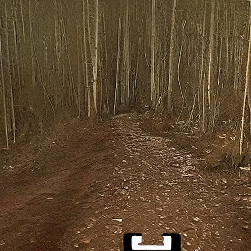 Prompt: creepy trail cam footage of an obese Donald trump hiding in the darkness