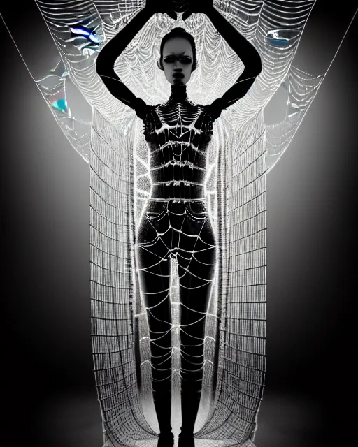 Prompt: black and white cyborg-plant goddess high quality photo, artificial intelligence, bio-mechanical bio-luminescence, artificial complex spider web, neurons, nerve cells, octane render, cinematic, rim light, hyper realism, photo-realistic, high detail, 8k, in the style of Steven Meisel and Dora Maar and H.G. Giger