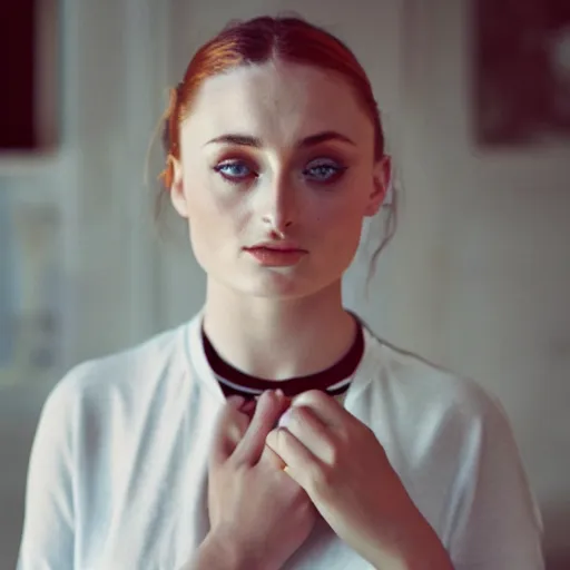 Prompt: photo, sophie turner, mustache, morocco, white clothing, ektachrome, portrait, close up, 5 0 mm,