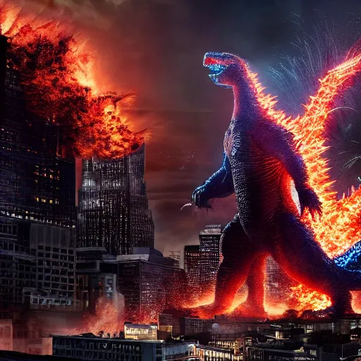 Prompt: godzilla destroying center city philadelphia, high quality, high resolution