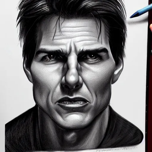 Image similar to caricature of tom cruise, closeup of face, exaggerated features, highly detailed, drawing by mahesh nambiar, sebastian kruger, archille superbi, carola rubio, artstation