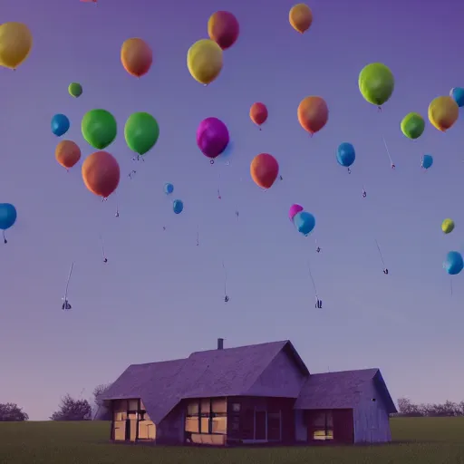 Image similar to a foating house in mid air held by ballons, dept of field, cinematic, volumetric lightening, octane render