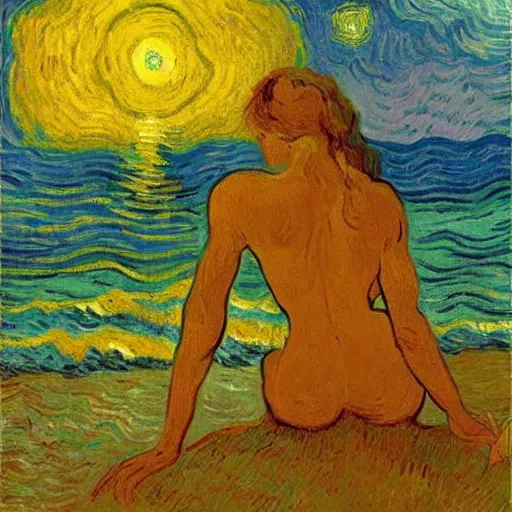 Prompt: nymph sitting by the beach looking at the sunset. painted by Vincent Van Gogh