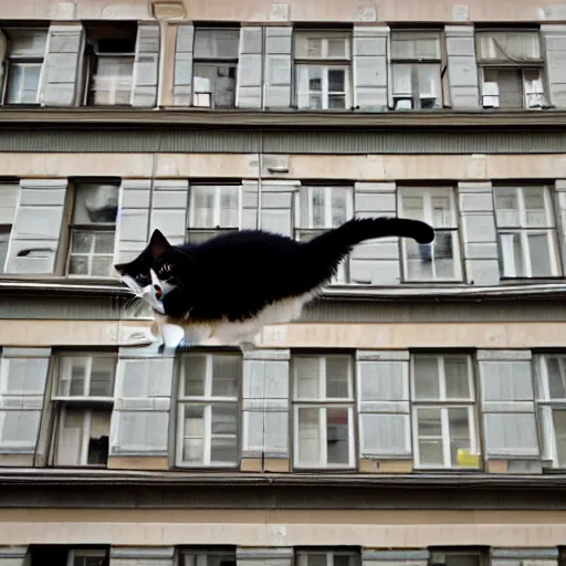 Prompt: a cat leaping across a building