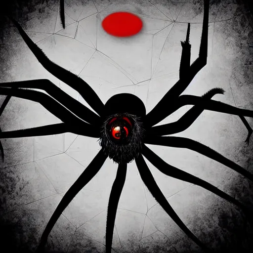 Prompt: Giant spider with red eyes and huge web, eating a bird alive, digital painting, photorealism, creepy, horror artwork