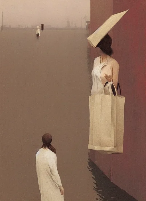 Image similar to woman in paper bag over the head on flooded street Edward Hopper and James Gilleard, Zdzislaw Beksinski, highly detailed