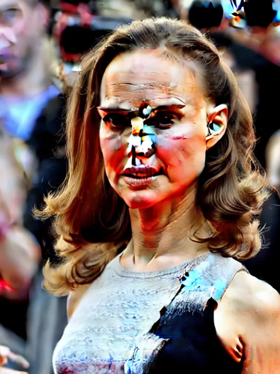 Image similar to hyperdetailed close shot of natalie portman, winds of winter, with ripped crop t - shirt, fine - face, pretty face