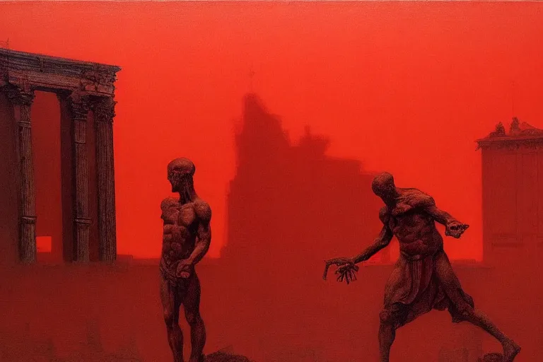 Image similar to only with red, caesar after war, the deal, a red tiger, in hoc signo vinces, rome in background, an ancient path, in the style of beksinski, part by hopper, part by rodcenko, part by hofbauer, intricate composition, red by caravaggio, insanely quality, highly detailed, masterpiece, red light, artstation