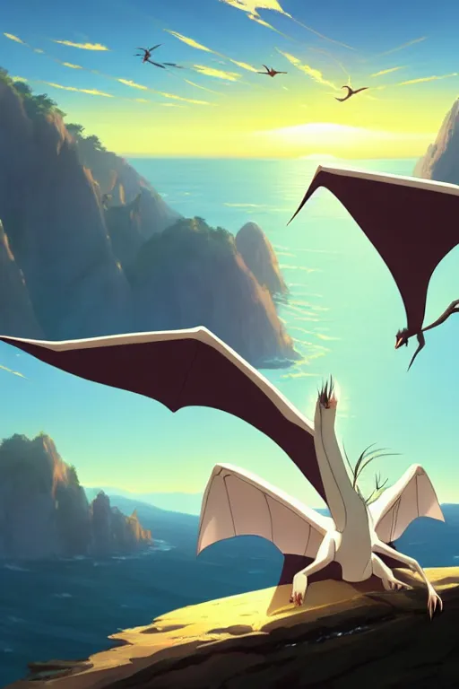 Image similar to a large smooth skinned white creature hybrid pterosaur, small quills along it's back, long fangs, sitting on a cliff high in the sky, sunset, backlit, beautiful composition, by makoto shinkai an krenz cushart