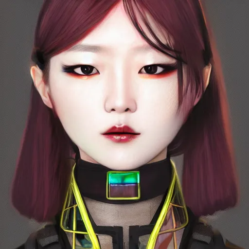 Image similar to detailed realistic korean female character cyberpunk, realistic, art, beautiful, 4K, artstation, detailed, female, woman, choker, cyberpunk, neon, punk, collar, choker, collar around neck, thick collar, tight around neck, punk, looking straight forward, symmetrical eyes, beautiful eyes, realistic eyes