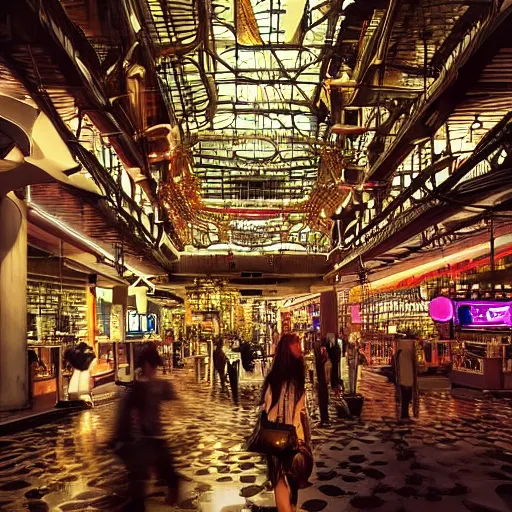 Image similar to terminal 2 1 in bangkok. steampunk and magical colors. trending on artstation.