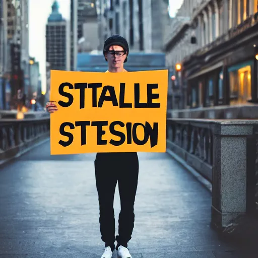 Image similar to a man holding up a sign that says stable diffusion, photograph, cinematic lighting, movie frame