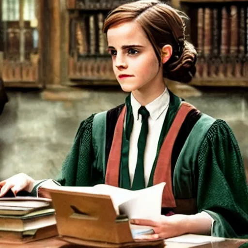 Image similar to Photo of Emma Watson using a computer next to Professor McGonagall in Hogwarts