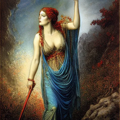 Image similar to beautiful gorgeous Persephone with the prettiest eyes the world has seen with a spear in her hand, goddess of life and death, painting by gustave dore. Colored painting.