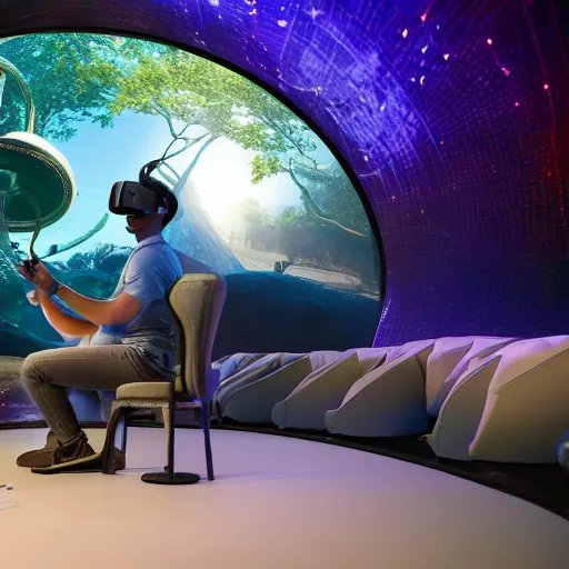 Image similar to a hyperrealistic 3D octane render of an elephant wearing oculus rift VR headset and playing a keyboard inside of a dome planetarium, 8k, unreal engine, dramatic lighting, volumetric lighting, uplighting, ray tracing, photorealistic,