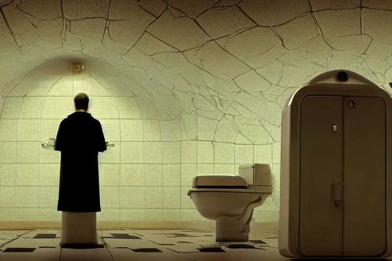 Prompt: hyperrealism aesthetic ridley scott and denis villeneuve style photography of a detailed giant, siting on a detailed ultra huge toilet and scrolling his smartphone in surreal scene from detailed art house movie in style of alejandro jodorowsky and wes anderson