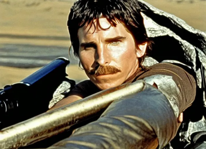 Image similar to film still of Christian Bale as Max in Mad Max 1979