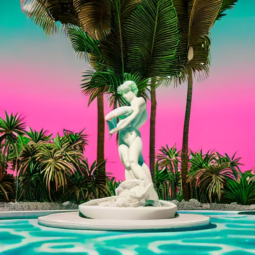 Image similar to a broken statue in a surreal underground white tiled swimming pool surrounded by neon lights and palm trees in vapor wave style, 3D octane render, hyperrealistic, finely detailed, dramatic lighting, neon lighting, unreal engine, houdini, 8k, 4k, raytracing