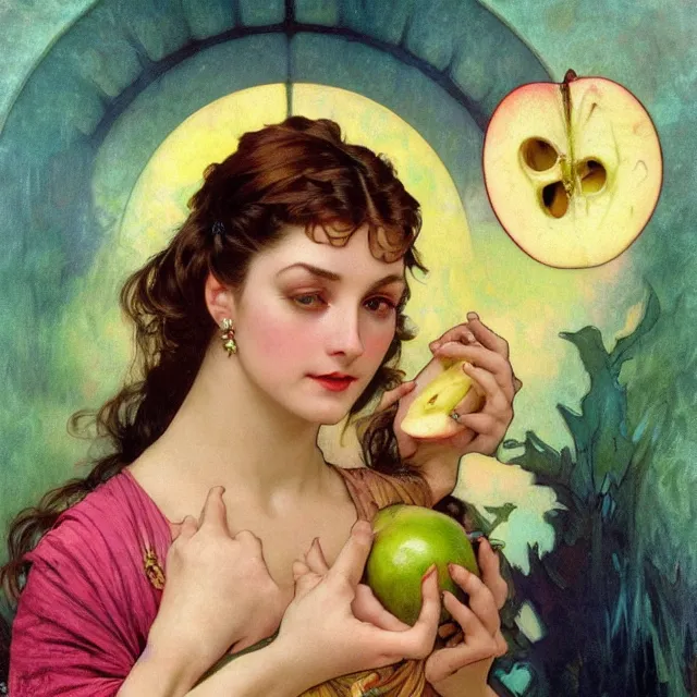 Image similar to an aesthetic! detailed close - up portrait of an aesthetic woman, face covered, holding an apple, by frank frazetta and alphonse mucha, oil on canvas, bright colors, art nouveau, epic composition, dungeons and dragons fantasy art, hd, god - rays, ray - tracing, crisp contour - lines, huhd - 8 k