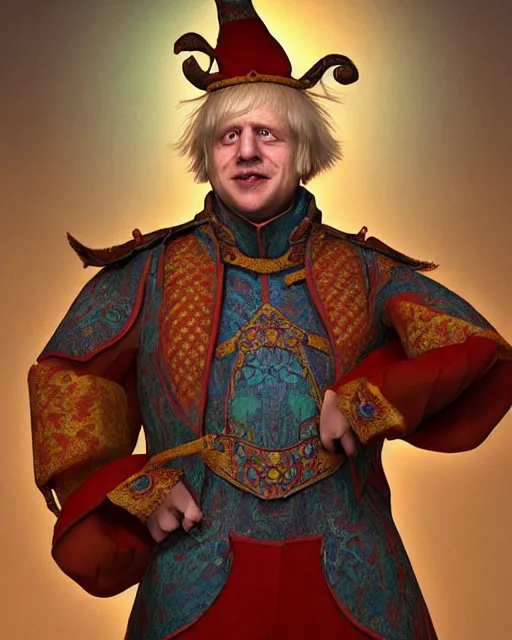 Image similar to Boris Johnson dressed as a Court Jester. Unreal engine, fantasy art by Betty Jiang. Faithfully depicted facial expression, perfect anatomy global illumination, radiant light, detailed and intricate environment