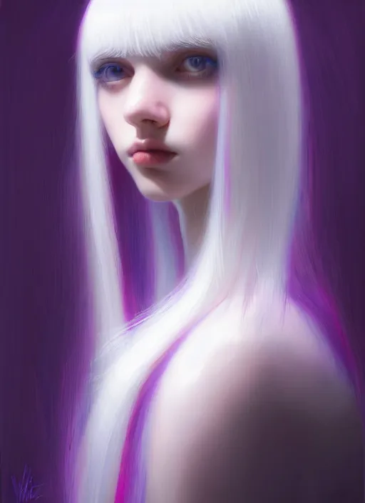 Image similar to hair whitebangs hair, black hair, whitebangs, portrait of teenage girl with white bangs, red irises, purple clothes, white bangs, bangs are different color from hair, intricate, elegant, glowing lights, highly detailed, digital painting, artstation, concept art, smooth, sharp focus, illustration, art by wlop, mars ravelo and greg rutkowski