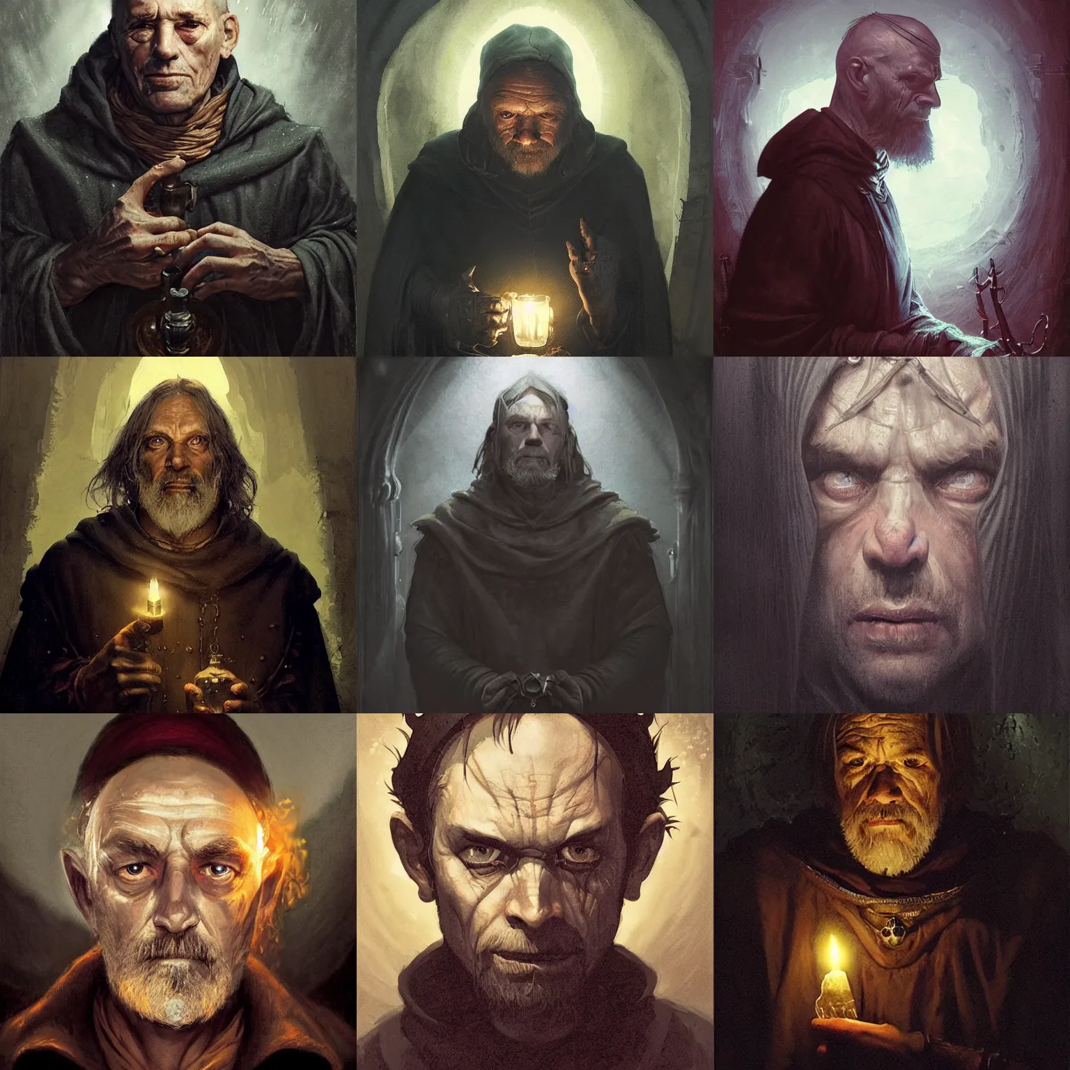 Prompt: portrait of an old, melancholic medieval alchemist in the dark, he is looking into the camera pleadingly!!!. chiaroscuro lighting, fantasy, detailed, photorealistic portrait by michael komarck, greg rutkowski, victo ngai, artgerm and j. dickenson