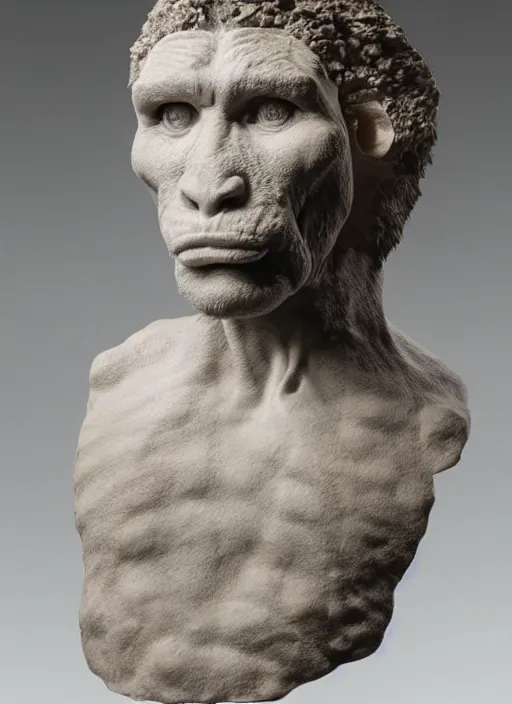 Image similar to a bust sculpture of a neandertal with feline features, ceramic base, front view, studio lighting, expresive