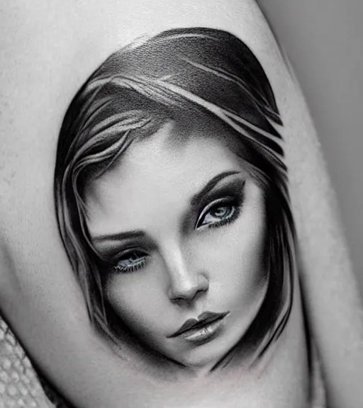 Image similar to tattoo design sketch of a beautiful blue - eyed woman face with a faded background of beautiful mountains and nature on her side, hyper - realistic, in the style of den yakovlev, amazing detail, black and white