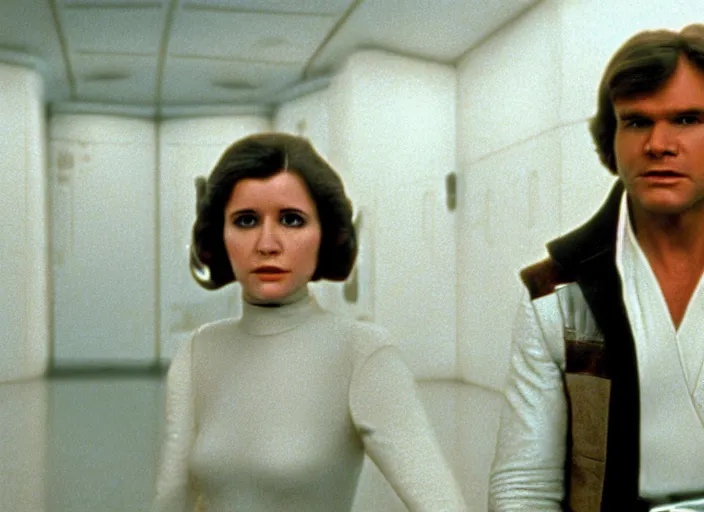 Image similar to screenshot of Han Solo standing next to Princess Leia Organa kiss, alone, pensive, iconic scene from 1970s Star Wars film directed by Stanley Kubrick, in a sci fi nursing home architecture, last jedi, 4k HD, cinematic still frame, photoreal, beautiful portraits, moody lighting, stunning cinematography, anamorphic lenses, kodak color film stock