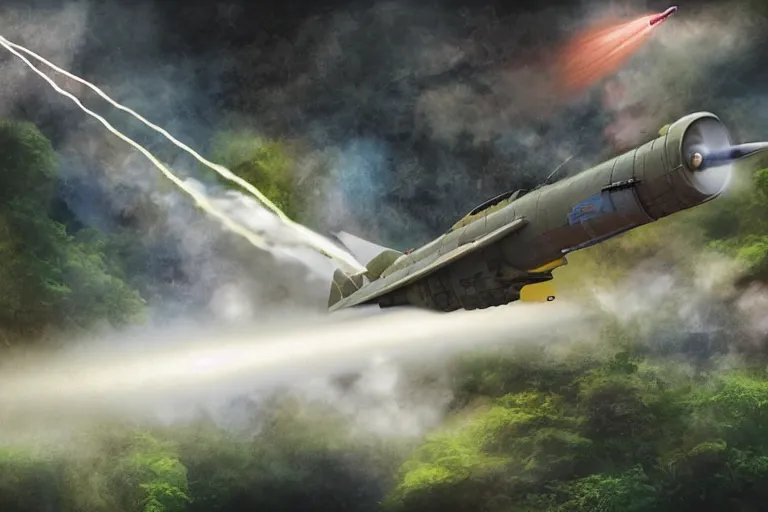 Image similar to dieselpunk digital illustration of a rocket fighter breaking the sound barrier low across a tropical rainforest