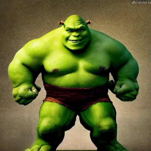 Image similar to shrek fighting the incredible hulk