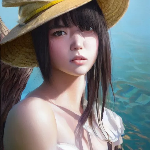 Image similar to oil painting by ilya kuvshinov,, baugh casey, artgerm craig mullins, coby whitmore, of a youthful japanese girl, long hair, fisherman's hat, highly detailed, breathtaking face, studio photography, noon, intense bounced light, water reflection, large tree casting shadow, serine intense sunlight